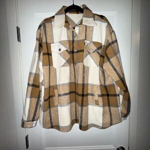 Plaid Button-Up Jacket in Tan and Cream